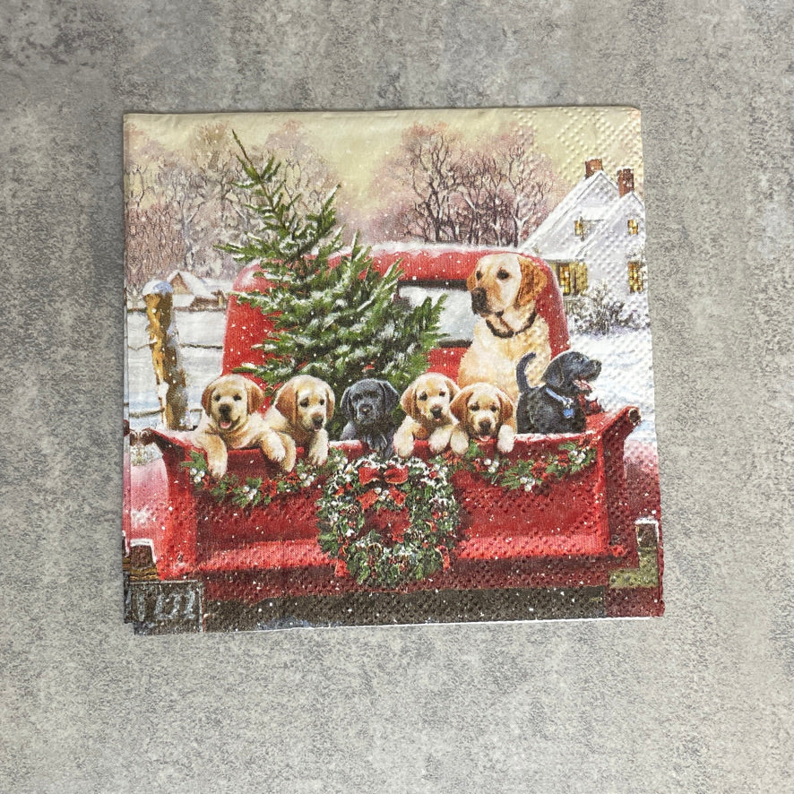 Vintage red truck and pups  cocktail napkin