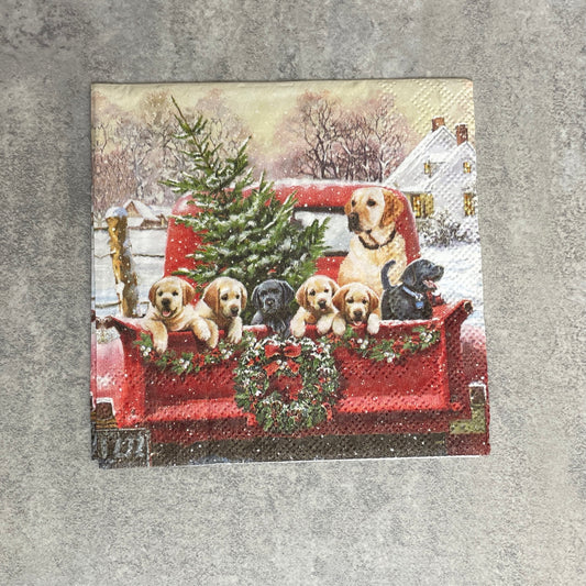 Vintage red truck and pups  cocktail napkin