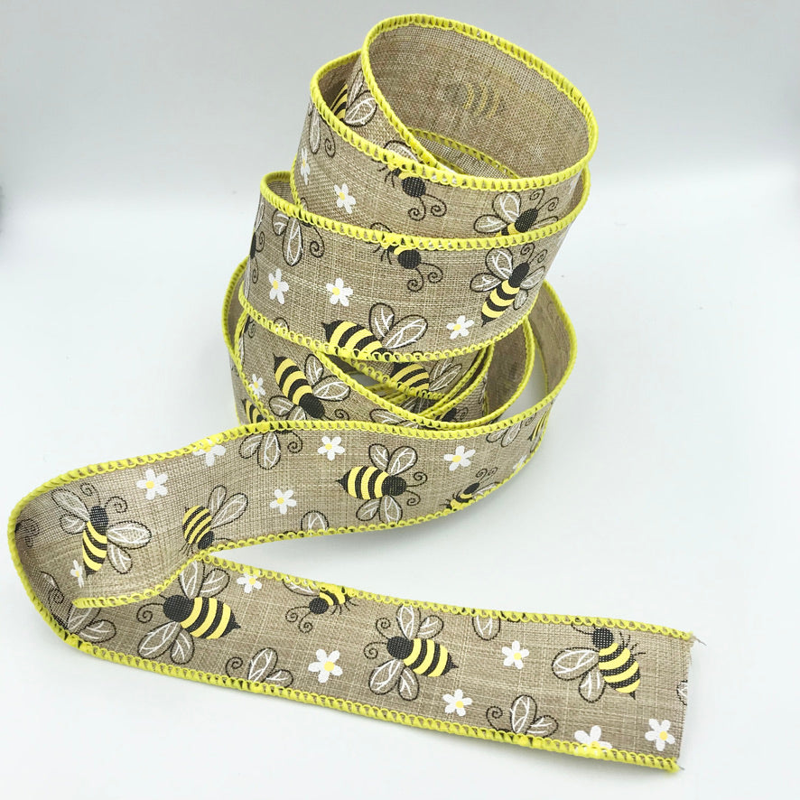 1.5 inch Wired Natural Bee Ribbon