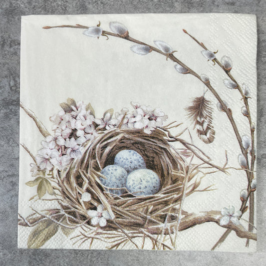Vintage Napkin. Bird's nest with eggs.